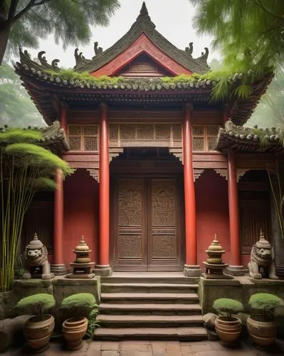 Ancient Eastern-style temple, intricately carved wooden doors, vibrant red walls, golden roof tiles, upturned eaves, majestic stone lions, serene courtyard, lush green bamboo forests, misty morning at