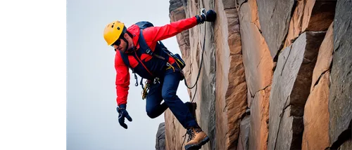 Mountain climber, male, muscular build, helmet, sunglasses, backpack, climbing rope, gloves, rugged boots, dynamic pose, rock wall, steep cliff, misty atmosphere, warm lighting, cinematic composition,