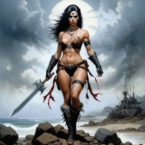 female warrior,warrior woman,frazetta,swordswoman,huntress,themyscira,dark elf,hard woman,unarmoured,fantasy warrior,fantasy woman,demoness,yavana,xena,deathstalker,barsoom,helsing,psylocke,barbarian,amazons