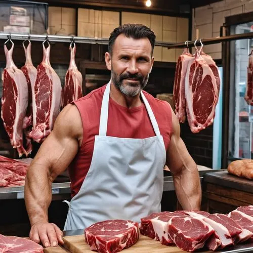 קצב גברי ושרירי בן 40 מוכר בשר בחנות שלו ,butcher shop,meat kane,butcher,borbagatto meat,meat counter,argentina beef,meat,meat analogue,meat products,east-european shepherd,meats,lardo,butcher ax,iris