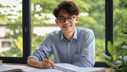 Senior high school student, yearbook, male, 18yo, neat short hair, glasses, casual wear, white shirt, dark blue trousers, loafers, backpack, friendly smile, sitting, architectural model, design desk, 