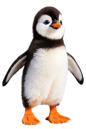 Adorable penguin, solo, childlike, fluffy feathers, yellow beak, black eyes, cute eyelids, waddling posture, standing on one leg, white belly, black back, orange feet, icy blue background, soft focus,