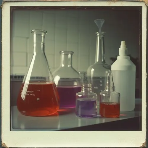 laboratory-like setting with scientific glassware, including flasks containing liquids of red and purple colors, white laboratory bottles, and a pipette holder, all arranged on a bench with a tiled ba