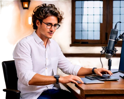 Microphone, podcast recording, solo, male host, casual wear, white shirt, dark jeans, messy hair, trendy glasses, relaxed posture, leaning back, fingers on desk, warm lighting, soft focus, shallow dep