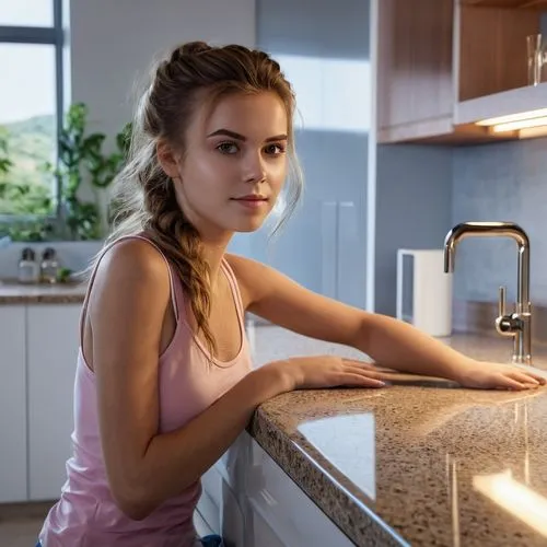 girl in the kitchen,granite counter tops,girl with cereal bowl,brita,mendler,countertop,gorenje,backsplash,countertops,stovetop,counter top,bridgit,hazelius,cassandra,scene lighting,annabeth,washing dishes,kitchen fire,matea,frigidaire