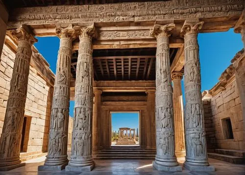 Ancient Greek temple, majestic stone columns, intricate carvings, ornate sculptures, grand entrance, symmetrical architecture, bright blue sky, few white clouds, warm sunlight casting long shadows, de