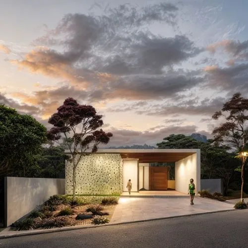  pedra, forro de  madeira, paisagismo,  arvores na laterais , iluminação, rampa de acesso a garagem árvores nas laterais da residencia, jardim , plantas na parede da fachada, sombra e porta de entrada