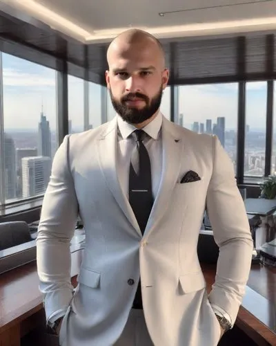 a beautiful man, shaved bald hair,a bald man wearing a suit and tie standing in an office,ceo,statham,arlovski,mcartor,latifi,bilzerian