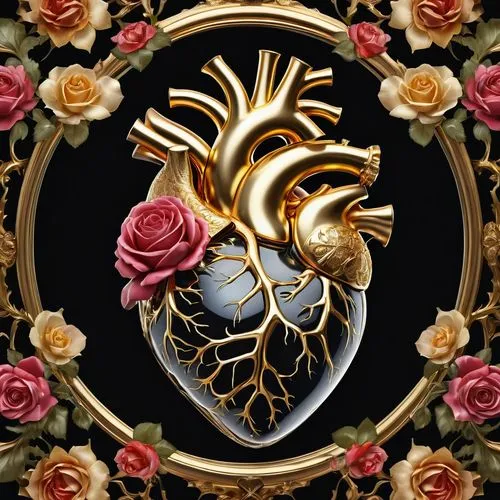 Glass anatomical human heart inside a black background. Newest anatomical human heart Heart decorated with roses made of gold petals
elegant fantasy intricate high detail wallpaper award winning fanta