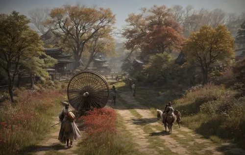 women and children in garden horse buggy,witcher,the mystical path,idyllic,rural,autumn idyll,pilgrimage,hangman's bridge,the autumn,autumn walk,the wanderer,the path,man and horses,golden autumn,autu