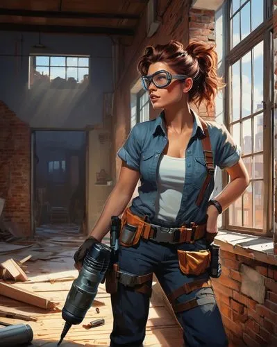 Modern DIY renovation design, young adult, male/female, casual clothing, tool belt, messy hair, safety goggles, holding a power drill, standing in a partially renovated room, exposed brick wall, woode