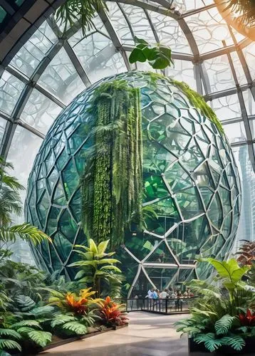 Amazon Spheres, Lego bricks, futuristic architecture, vibrant colors, geometric shapes, intricate details, tropical rainforest surroundings, misty atmosphere, soft natural light, warm ambient glow, 3/