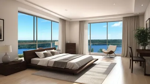 a large bedroom with a bed and lots of windows,modern room,penthouses,3d rendering,contemporary decor,great room,hoboken condos for sale