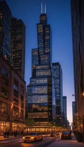 chicago night,chicago,sears tower,chicagoan,renaissance tower,rencen,chicago skyline,escala,lehman,detroit,motorcity,metra,illinois,streeterville,chicagoland,detriot,mke,omaha,hancock,wgci,Illustration,Realistic Fantasy,Realistic Fantasy 26