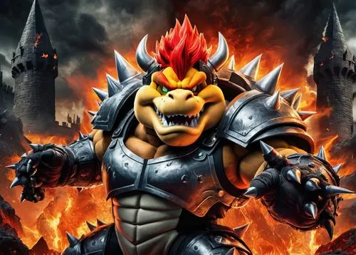 Bowser, King of Koopas, muscular, male, red hair, menacing eyes, sharp teeth, spiky shell, black leather gloves, metallic armor, powerful claws, standing, roaring, destruction, lava background, dark c