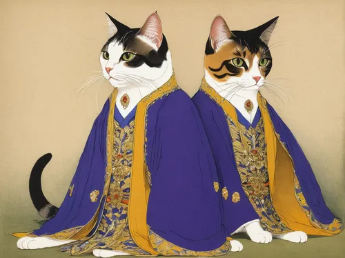 japanese bobtail,kimonos,imperial coat,two cats,oriental shorthair,mukimono,hanbok,calico cat,oriental painting,abaya,vintage cats,chinese pastoral cat,kimono fabric,cat image,haute couture,felines,cat kawaii,ancient costume,napoleon cat,domestic cat,Illustration,Japanese style,Japanese Style 21