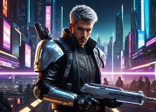 Fantasy sci-fi game cover, futuristic cityscape, neon lights, towering skyscrapers, holographic advertisements, distant spaceship battles, male protagonist, athletic build, short spiky hair, cyberneti