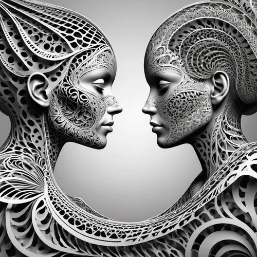 fractals art,african art,biomechanical,fractal art,man and woman,tribal masks,mirror image,mirror of souls,fractal,amorous,dualism,psychedelic art,fractals,harmonious,duality,face to face,maori,masks,intricate,body painting,Photography,General,Realistic