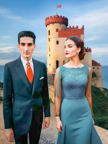 The venerable princely couple have taken time out to visit their castle by the sea.,cappadocians,halic castle,karasev,azerbaijanis,lindos,beautiful couple,azerbaijan azn,piatra,iulia hasdeu castle,aze