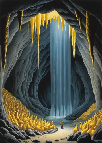 Imagine a thrilling adventure where a group of explorers stumble upon a hidden cave decorated with golden statues of chicken feet.,ice cave,cave tour,lava tube,pit cave,underground lake,gold mining,la