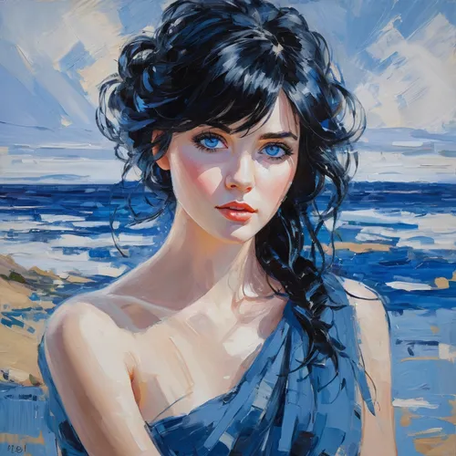 blue painting,watercolor blue,oil painting,ocean blue,girl portrait,blue sea,romantic portrait,oil painting on canvas,jasmine blue,portrait of a girl,blue water,by the sea,blue waters,young woman,the sea maid,shades of blue,deep blue,blue hawaii,azure,sea breeze,Conceptual Art,Oil color,Oil Color 10