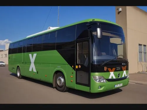 a green and black bus parked next to a building,optare,neoplan,flixbus,midibus,multibus,irizar,Photography,General,Realistic