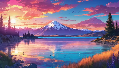 landscape background,purple landscape,mountain sunrise,mountain landscape,beautiful landscape,mountain scene,mountain lake,mountainous landscape,fantasy landscape,mountains,mountainlake,nature landscape,mountain,mountain world,mountain range,river landscape,high landscape,beautiful lake,alpine sunset,colorful background,Illustration,Japanese style,Japanese Style 03