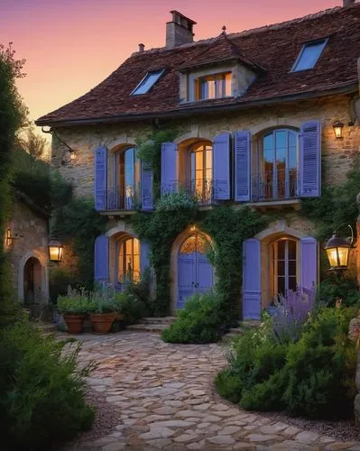 French home architecture, countryside villa, rustic stone walls, steeply pitched slate roof, wooden shutters, ornate ironwork balcony, curved doorways, arched windows, soft golden lighting, afternoon 