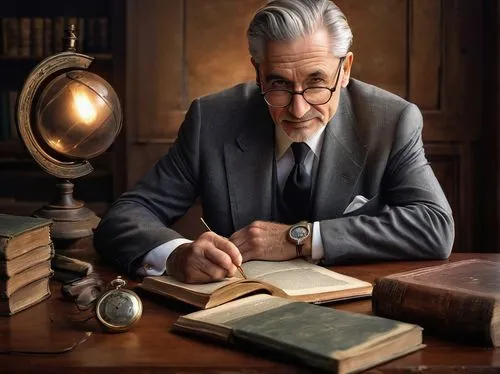 Mature, older character, gentle smile, wrinkles around eyes, gray hair, slicked back, glasses, suit, white shirt, black tie, pocket watch, leather shoes, sitting, nostalgic expression, vintage backgro