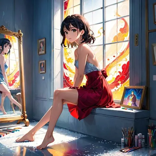 monogatari,cinder,ballerinas,beauty room,euphonious,kumiko,reimposing,doll looking in mirror,in the mirror,atelier,ranka,peni,nue,mirror reflection,magic mirror,overpainting,yukiko,qipao,3d fantasy,mirror,Anime,Anime,Realistic