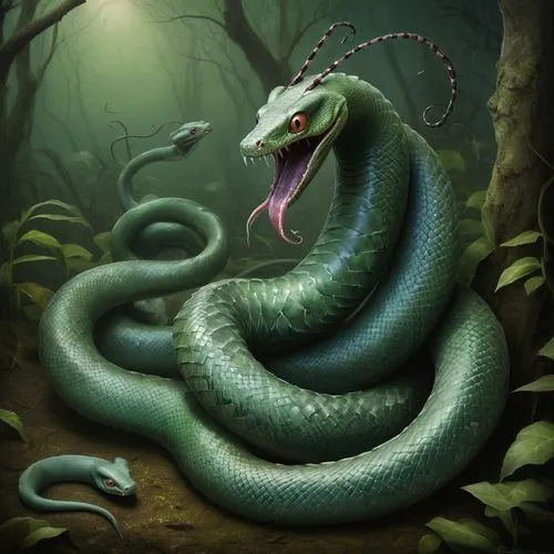 serpent,green snake,green mamba,emperor snake,venomous snake,pointed snake,green tree snake,king cobra,anaconda,emerald lizard,smooth greensnake,serpentes,thunder snake,western green mamba,grass snake,rattlesnake,snakebite,green dragon,rat snake,tree snake,Illustration,Abstract Fantasy,Abstract Fantasy 06