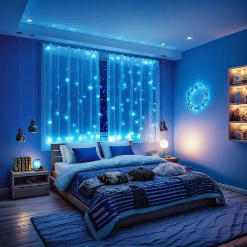 sleeping room,fairy lights,great room,blue room,blue lamp,chambre,boy's room picture,headboards,quarto,decore,bedroom,modern decor,baby room,modern room,kids room,wall decoration,string lights,christmas room,interior decoration,children's bedroom