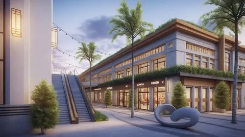 Create a professional and eye-catching 3D render of a modern shopping complex that highlights its architectural elegance, functionality, and vibrant atmosphere. The render should showcase a sleek, con