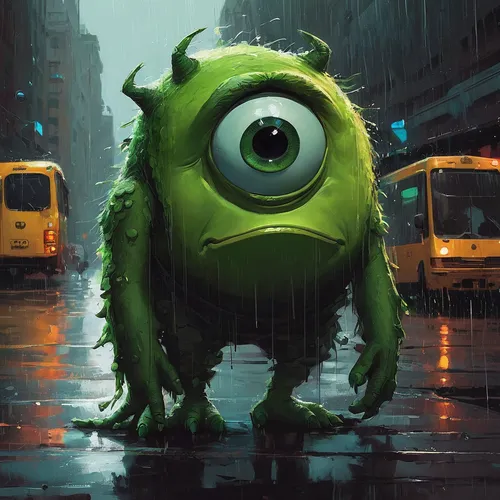 minion hulk,three eyed monster,one eye monster,monster's inc,bulbasaur,wuhan''s virus,running frog,anthropomorphized animals,walking in the rain,one-eyed,hydrant,raindops,concept art,giant frog,cuthulu,sci fiction illustration,pedestrian,pea soup,rainy day,korokke,Conceptual Art,Fantasy,Fantasy 06