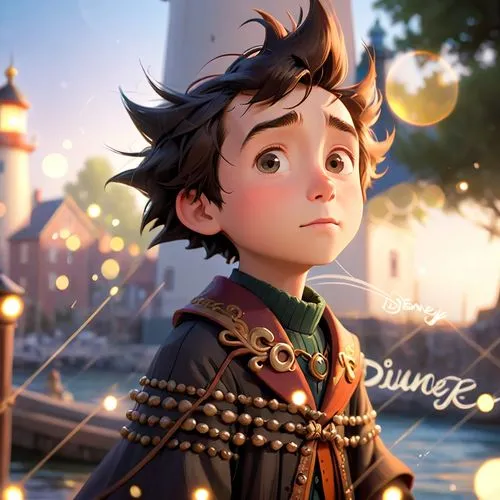 an animated boy with hair in front of a city,duende,gavroche,hiccup,kinkade,lovett,tangled,Anime,Anime,Cartoon