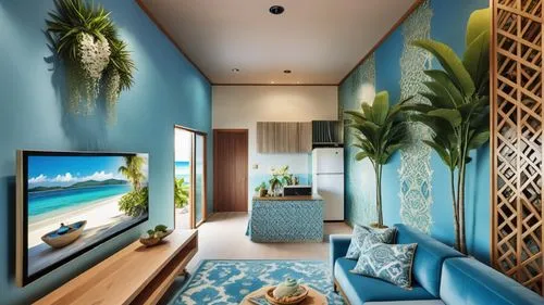 tropical house,cabana,blue room,interior decoration,contemporary decor,teal blue asia,Photography,General,Realistic