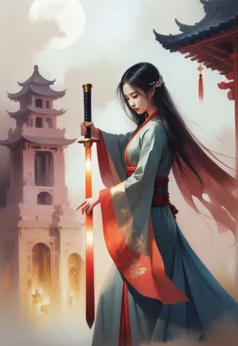 a beautiful woman spreading black long hair and pearl skin in red ancient traditional dress , her eyes look down to something , grabbing a  sword that long over her head , we can see the ancient ruins