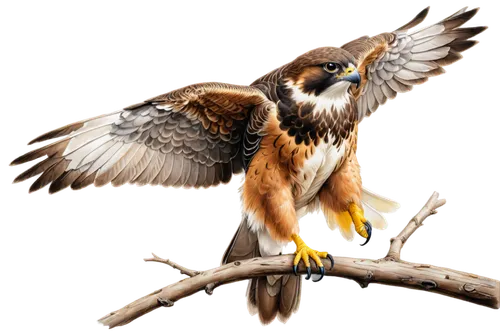 Falcon, bird of prey, sharp eyes, hooked beak, brown plumage, spread wings, perched on branch, morning sunlight, soft feathers, detailed talons, realistic texture, cinematic composition, shallow depth