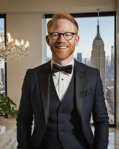 Jesse Tyler Ferguson, mature gentleman, smiling, bespectacled, gelled hair, clean-shaven, formal attire, black tuxedo, white shirt, bow tie, Architectural Digest magazine, holding, standing, modern in