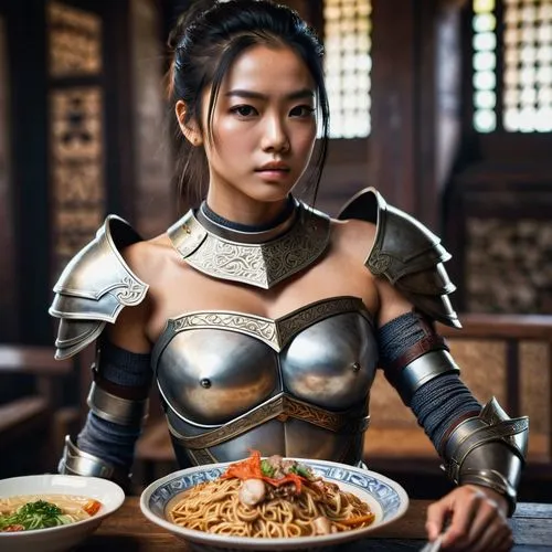 1girl, bare shoulders, bowl, chopsticks, food, indoors, jewelry, necklace, noodles, off shoulder, photo \(medium\), ramen, sitting, solo, striped,korean royal court cuisine,asian costume,mulan,korean,