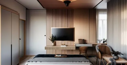 generate a tv unit wall design with a study table and a dressing mirror on right side.,modern room,room divider,japanese-style room,modern decor,interior modern design,danish room,scandinavian style,c