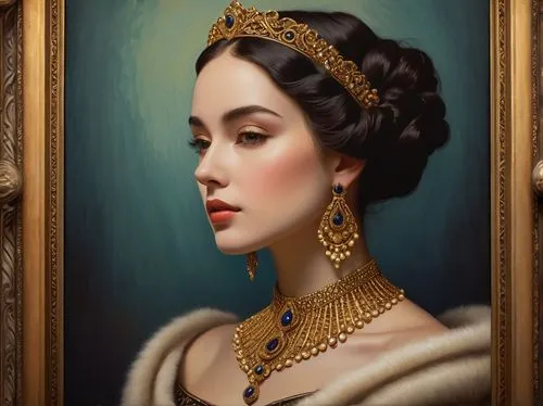 leighton,noblewoman,victorian lady,tretchikoff,jeweller,gold jewelry,knightley,noblewomen,fantasy portrait,duchesse,principessa,diadem,amidala,gold crown,gilding,milady,cleopatra,emperatriz,gitana,theodora,Illustration,Retro,Retro 26