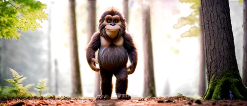 Cute bigfoot, giant furry monster, standing, gentle expression, large brown eyes, soft focus, furry arms, strong legs, toes curled, green forest background, warm sunlight filtering through trees, 3/4 