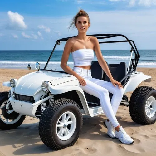 A young woman wearing a white strapless shirt and legging in a beach buggy at the beach,beach buggy,compact sport utility vehicle,quad bike,atv,electric golf cart,all-terrain vehicle,sport utility veh