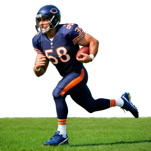 American football player, Chicago Bears jersey, helmet, shoulder pads, muscular arms, strong legs, running pose, green grass, sunny day, dynamic composition, shallow depth of field, warm color tone, h