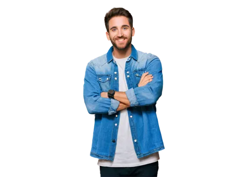 Funny guy, casual wear, messy hair, thick beard, bright smile, relaxed posture, arms crossed, denim jacket, white T-shirt, ripped jeans, sneakers, playful eyes, natural makeup, soft focus, shallow dep