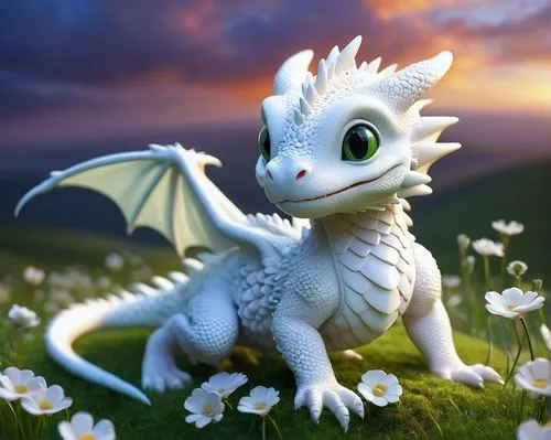 cute white dragon, young, baby-like, big round eyes, fluffy snow-white scales, tiny wings, playful pose, lying down, front legs bent, soft focus, warm lighting, fantasy world, cloudy sky, rolling hill