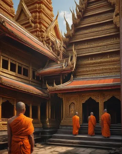 Bangkok architecture, ancient temple, intricate carvings, golden stupas, ornate decorations, vibrant colors, pointed roofs, grand halls, Buddha statues, incense sticks, traditional Thai clothing, monk