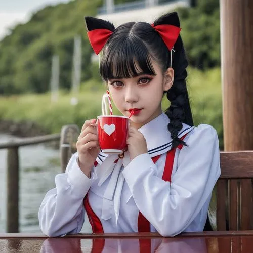 1girl, solo, long hair, looking at viewer, bangs, black hair, hair ornament, red eyes, long sleeves, bow, ribbon, holding, collarbone, upper body, ponytail, braid, hair bow, heart, hairclip, sailor co