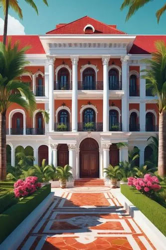 Colonial style mansion, grand entrance, ornate wooden doors, carved stone columns, symmetrical facade, balconies with intricate iron railings, red terracotta roof tiles, white walls with subtle cracks